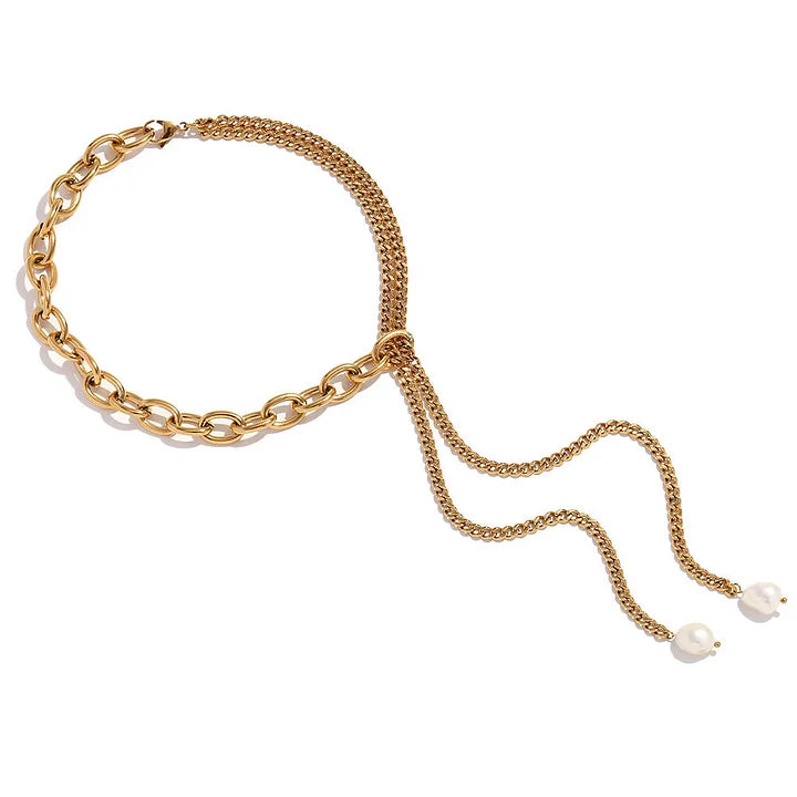 Dual chain gold necklace with two freshwater pearls, adjustable length — Bye Bye Baby