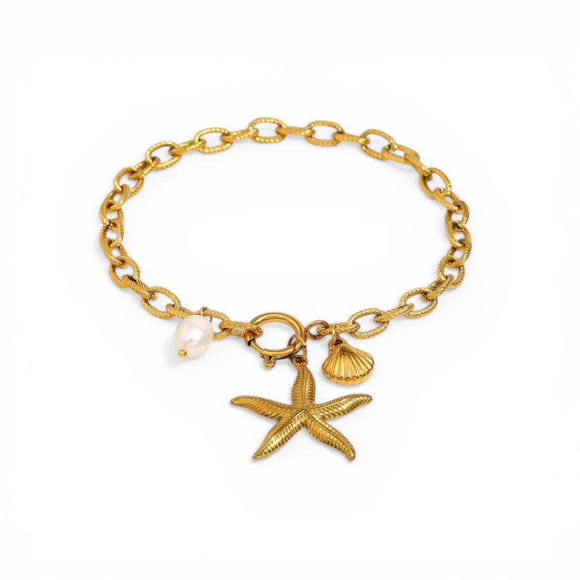Gold plated rope chain charm bracelet with starfish, freshwater pearl and seashell charms — Bye Bye Baby