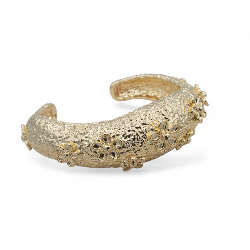 Wide gold plated open cuff bracelet with coral texture and floral embellishments — Bye Bye Baby