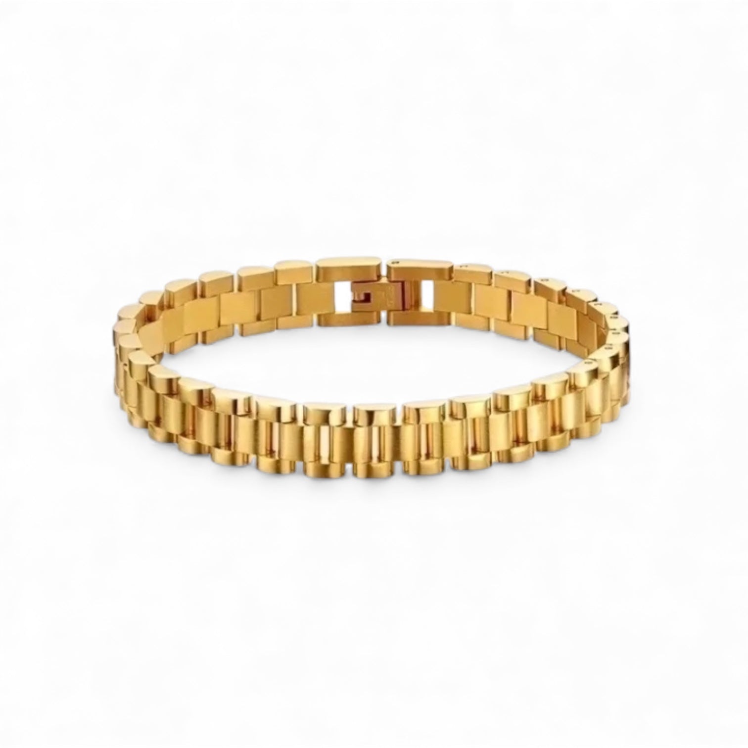 Gold plated flat link bracelet with watch-band profile — Bye Bye Baby