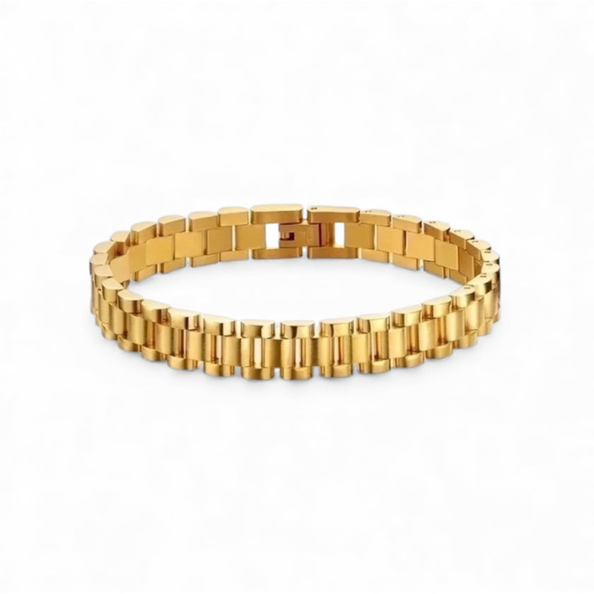Gold plated flat link bracelet with watch-band profile — Bye Bye Baby