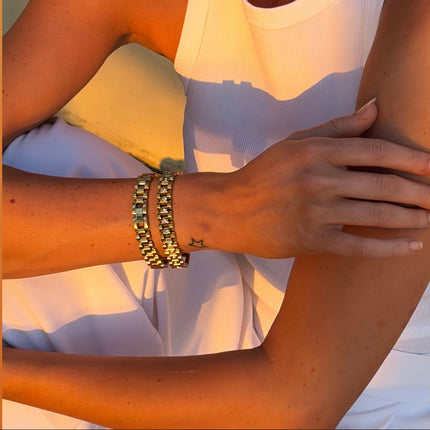 Gold plated flat link bracelet with watch-band profile — Bye Bye Baby