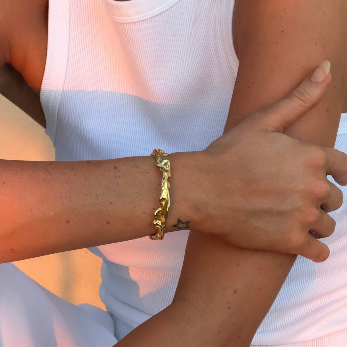 Medium width hammered gold plated open cuff bracelet — Bye Bye Baby