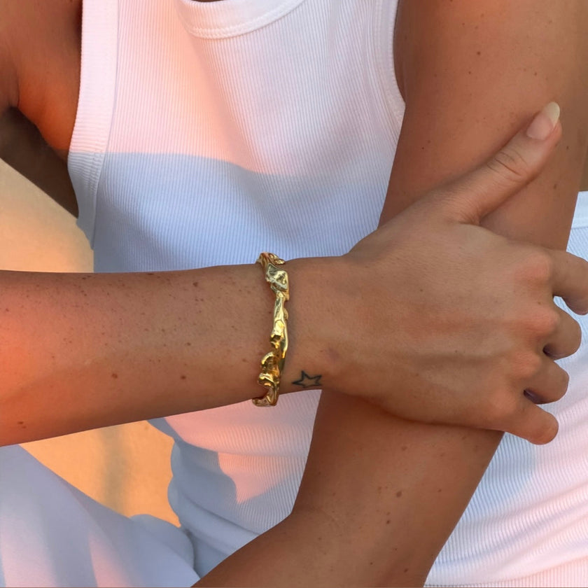 Medium width hammered gold plated open cuff bracelet — Bye Bye Baby