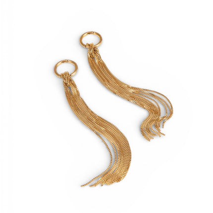 Long gold plated liquid tassel drop earrings in motion — Bye Bye Baby