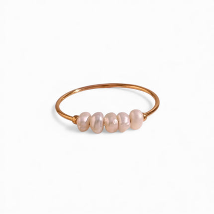 Thin gold plated band ring with five freshwater pearls threaded through — Bye Bye Baby