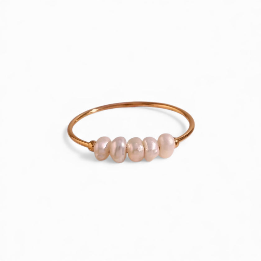 Thin gold plated band ring with five freshwater pearls threaded through — Bye Bye Baby