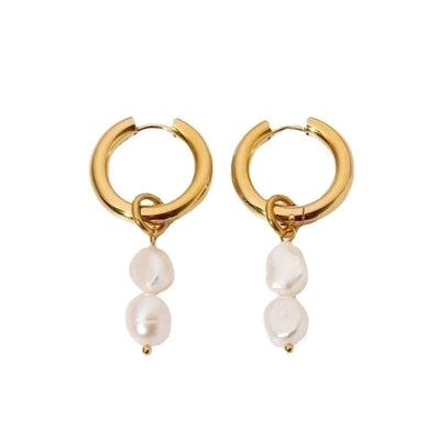 Gold plated hoop earrings with two freshwater pearl drops — Bye Bye Baby