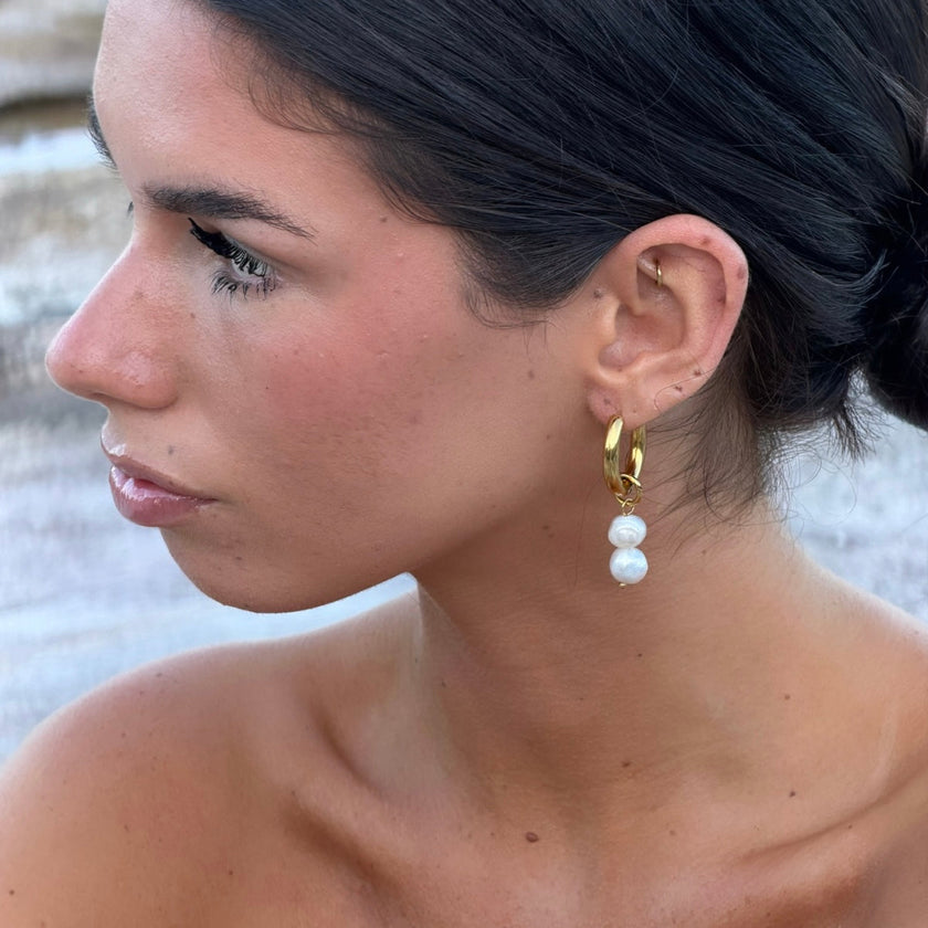 Gold plated hoop earrings with two freshwater pearl drops — Bye Bye Baby