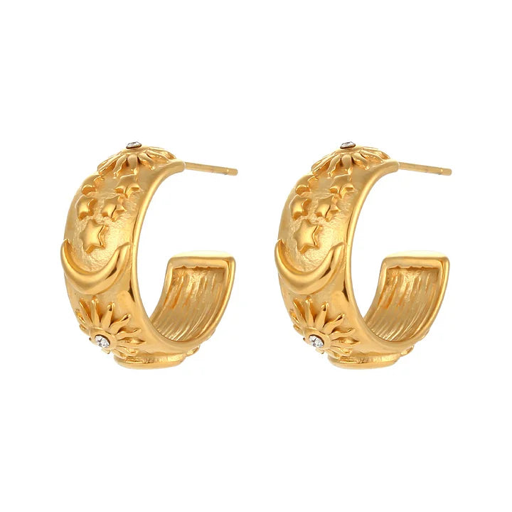 Gold plated celestial hoop earrings with star, moon and zirconia sun — Bye Bye Baby