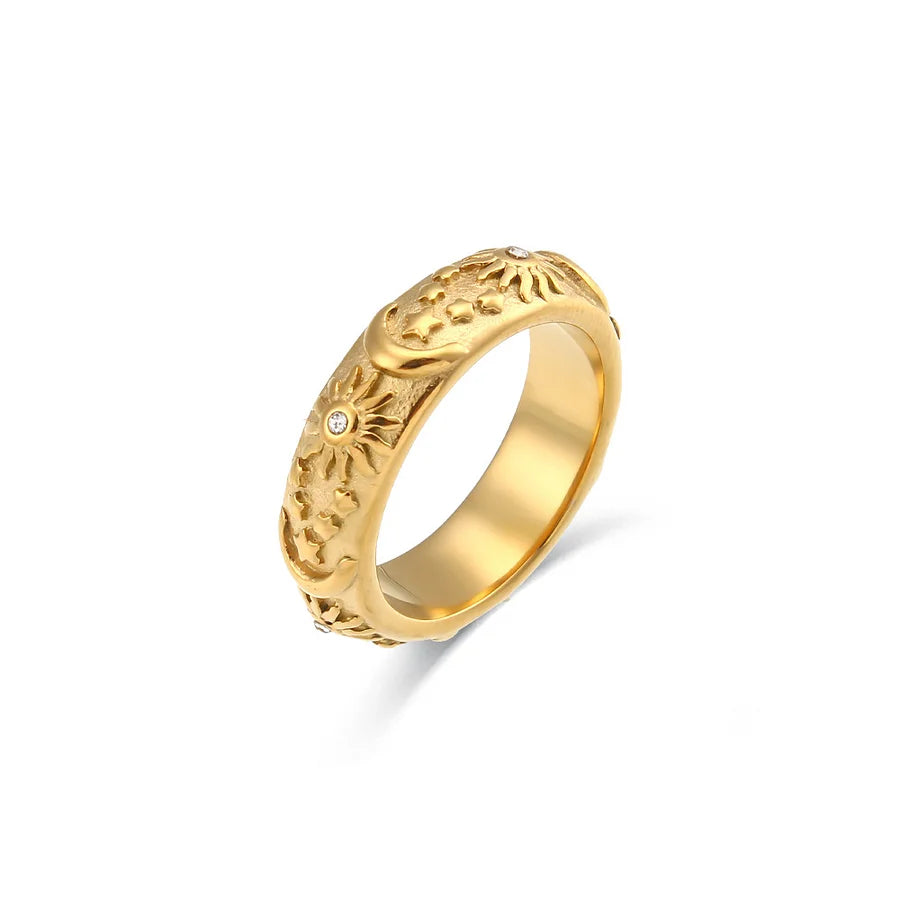 Gold plated celestial band ring with star, moon and zirconia sun detail — Bye Bye Baby