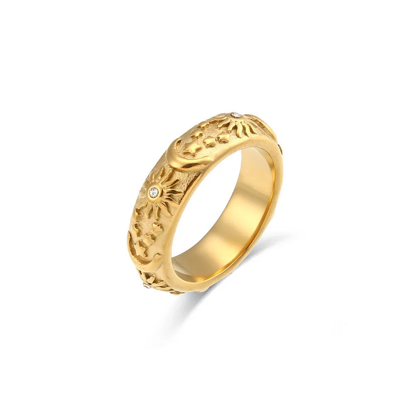 Gold plated celestial band ring with star, moon and zirconia sun detail — Bye Bye Baby