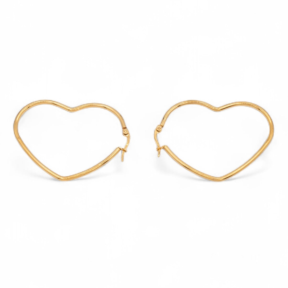 Gold plated heart-shaped hoop earrings with latch back closure, two sizes — Bye Bye Baby