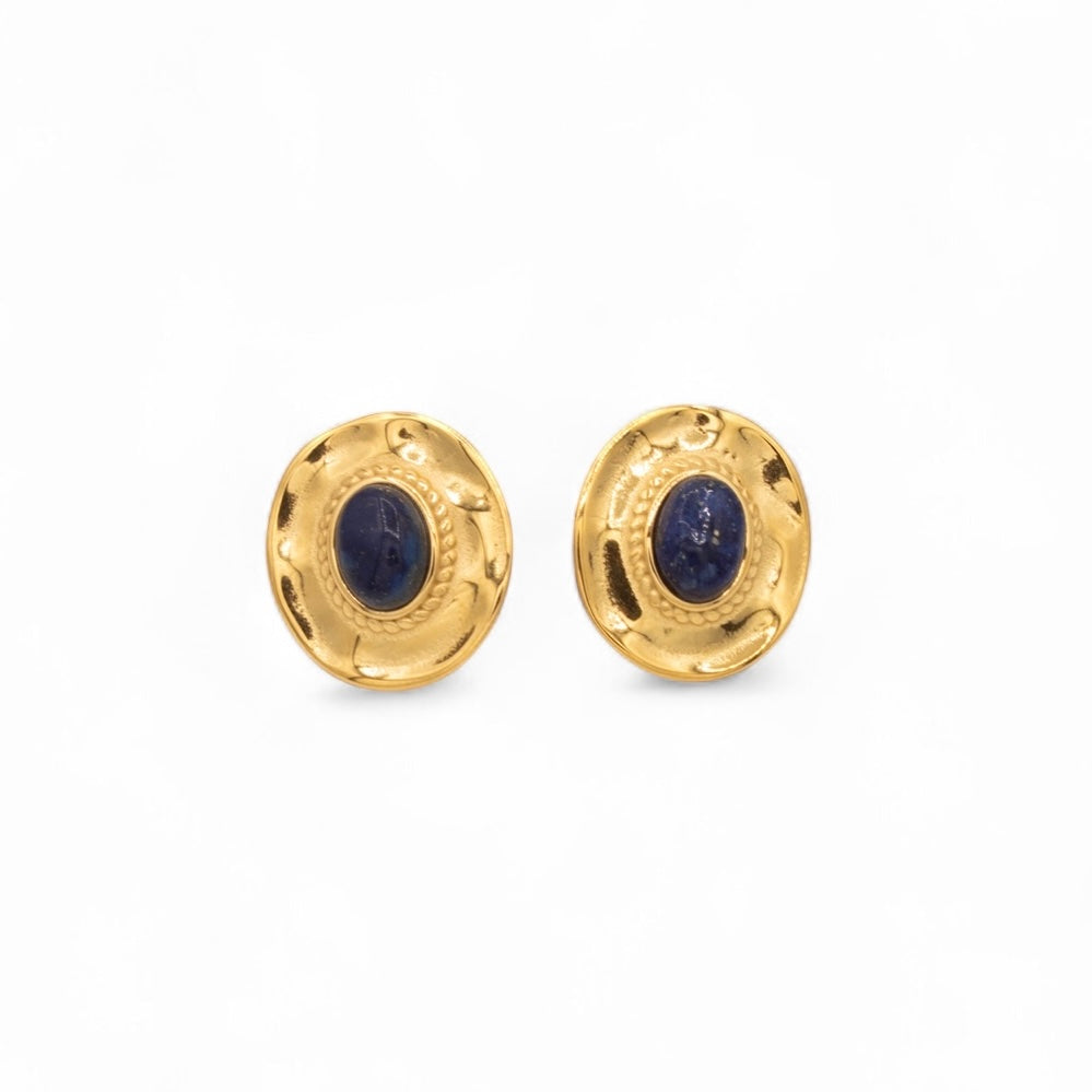 Gold plated circular stud earrings with lapis lazuli centre stone — Bye Bye Baby
