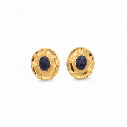 Gold plated circular stud earrings with lapis lazuli centre stone — Bye Bye Baby