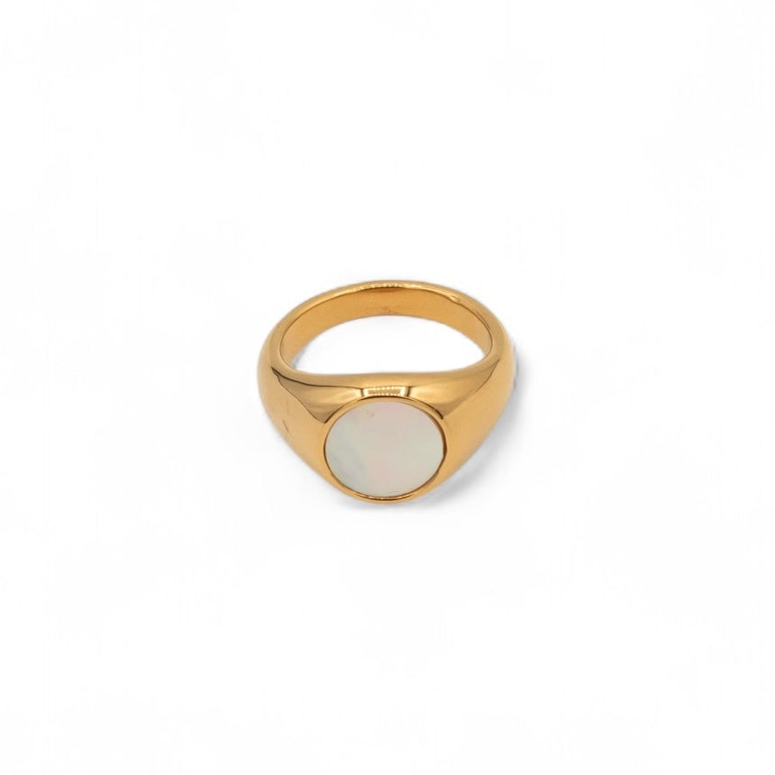 Slim gold plated signet ring with round mother-of-pearl face — Bye Bye Baby