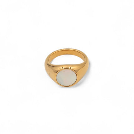 Slim gold plated signet ring with round mother-of-pearl face — Bye Bye Baby