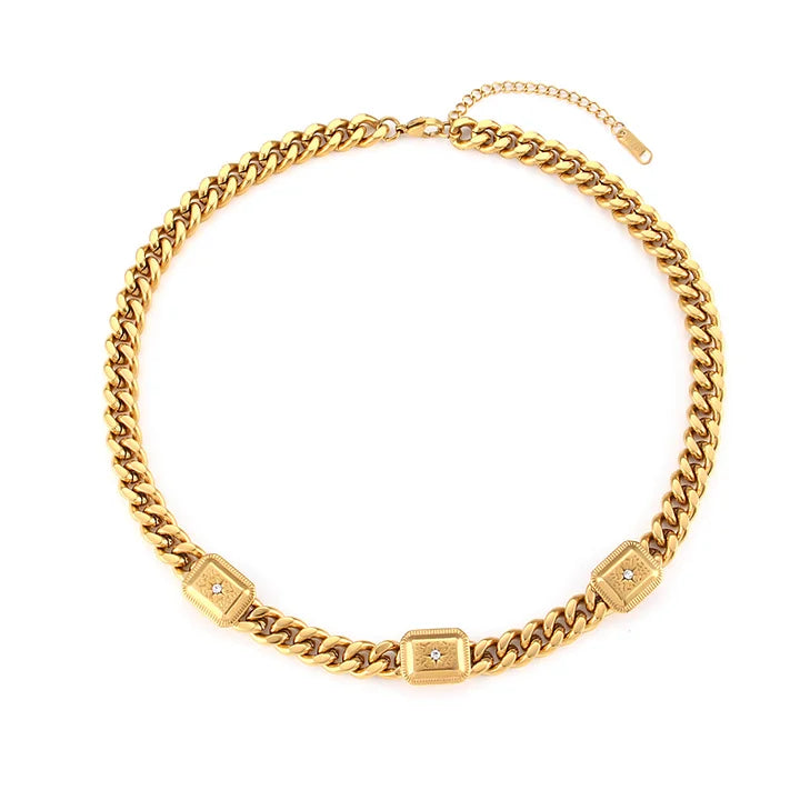 Chunky gold chain necklace with three rectangle zirconia pendants — Bye Bye Baby