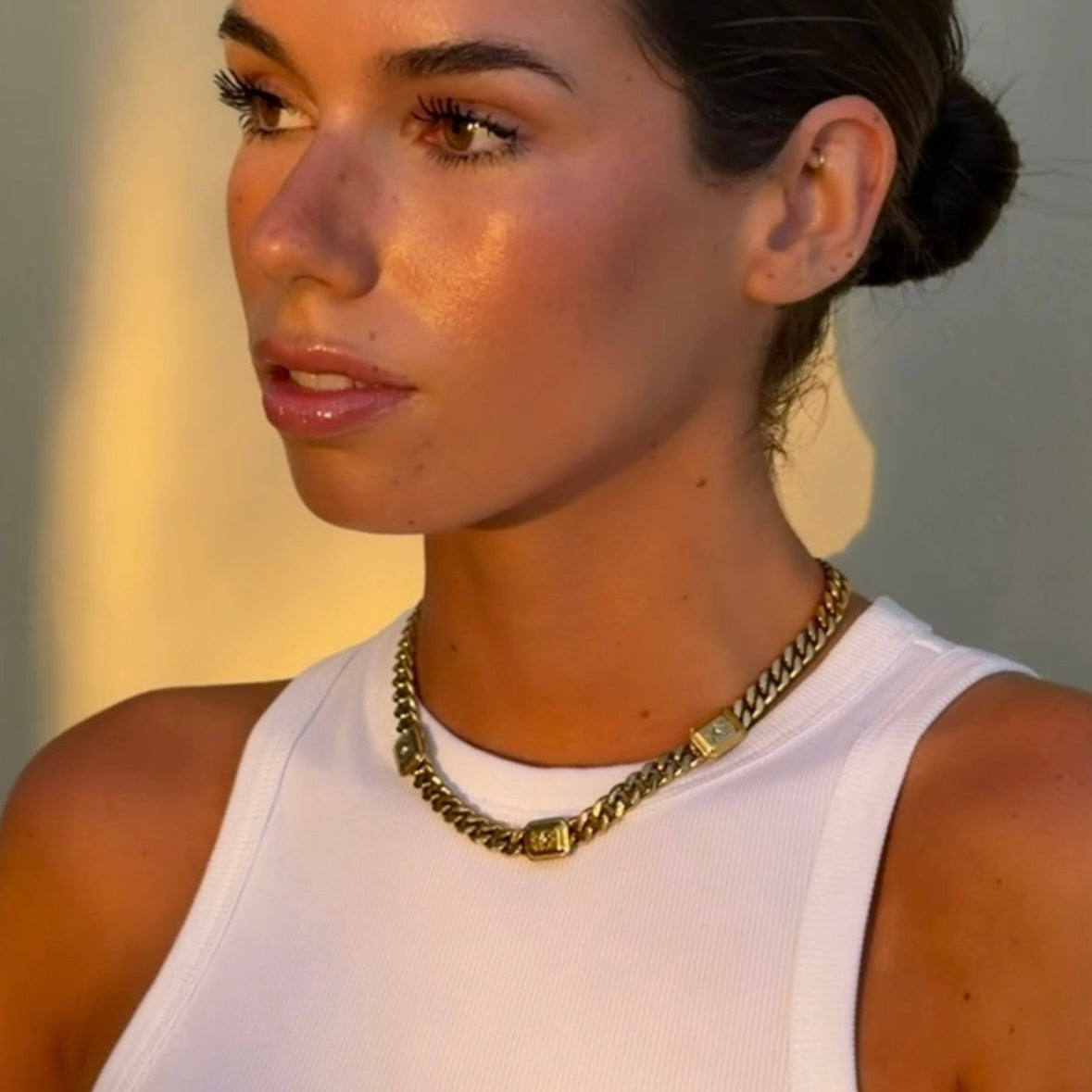 Chunky gold chain necklace with three rectangle zirconia pendants — Bye Bye Baby