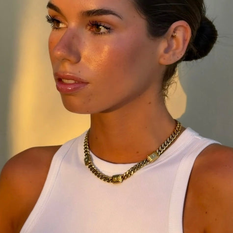 Chunky gold chain necklace with three rectangle zirconia pendants — Bye Bye Baby