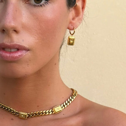 Chunky gold chain necklace with three rectangle zirconia pendants — Bye Bye Baby
