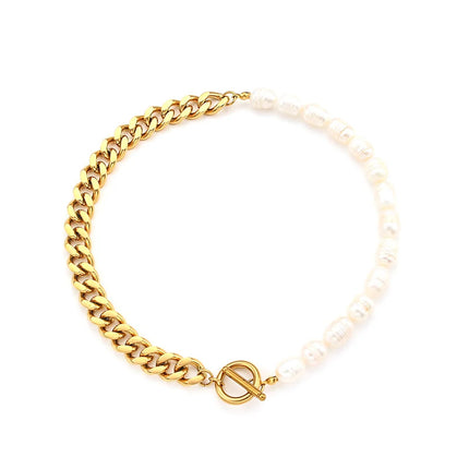 18k gold freshwater pearl necklace on collarbone — Bye Bye Baby