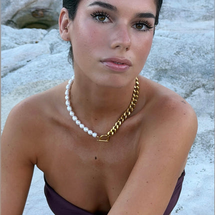 18k gold freshwater pearl necklace on collarbone — Bye Bye Baby