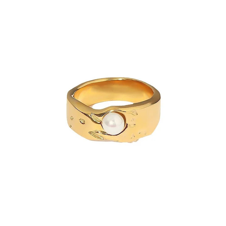 Gold plated band ring with flush freshwater pearl and water droplet etching — Bye Bye Baby