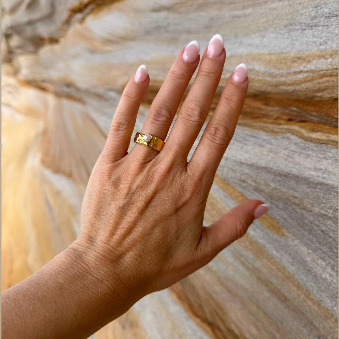 Gold plated band ring with flush freshwater pearl and water droplet etching — Bye Bye Baby