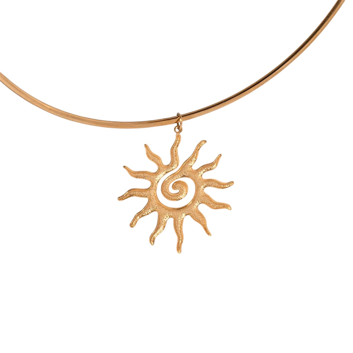 Gold sun-shaped pendant on a gold chain against a white background
