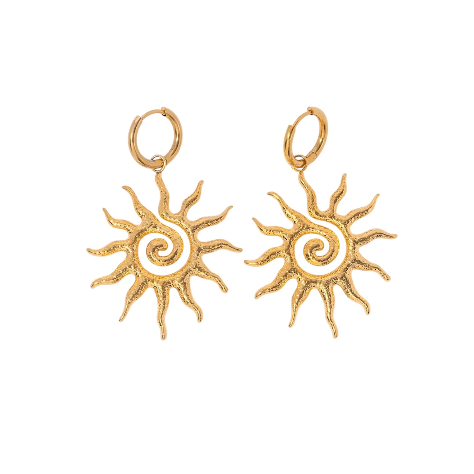 Gold sun-shaped earrings on a white background