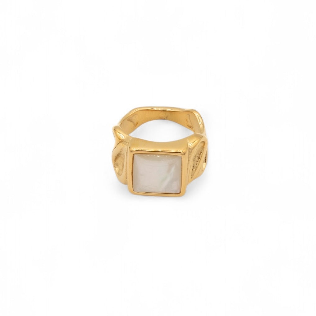 Chunky gold plated signet ring with square mother-of-pearl inlay — Bye Bye Baby