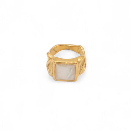 Chunky gold plated signet ring with square mother-of-pearl inlay — Bye Bye Baby