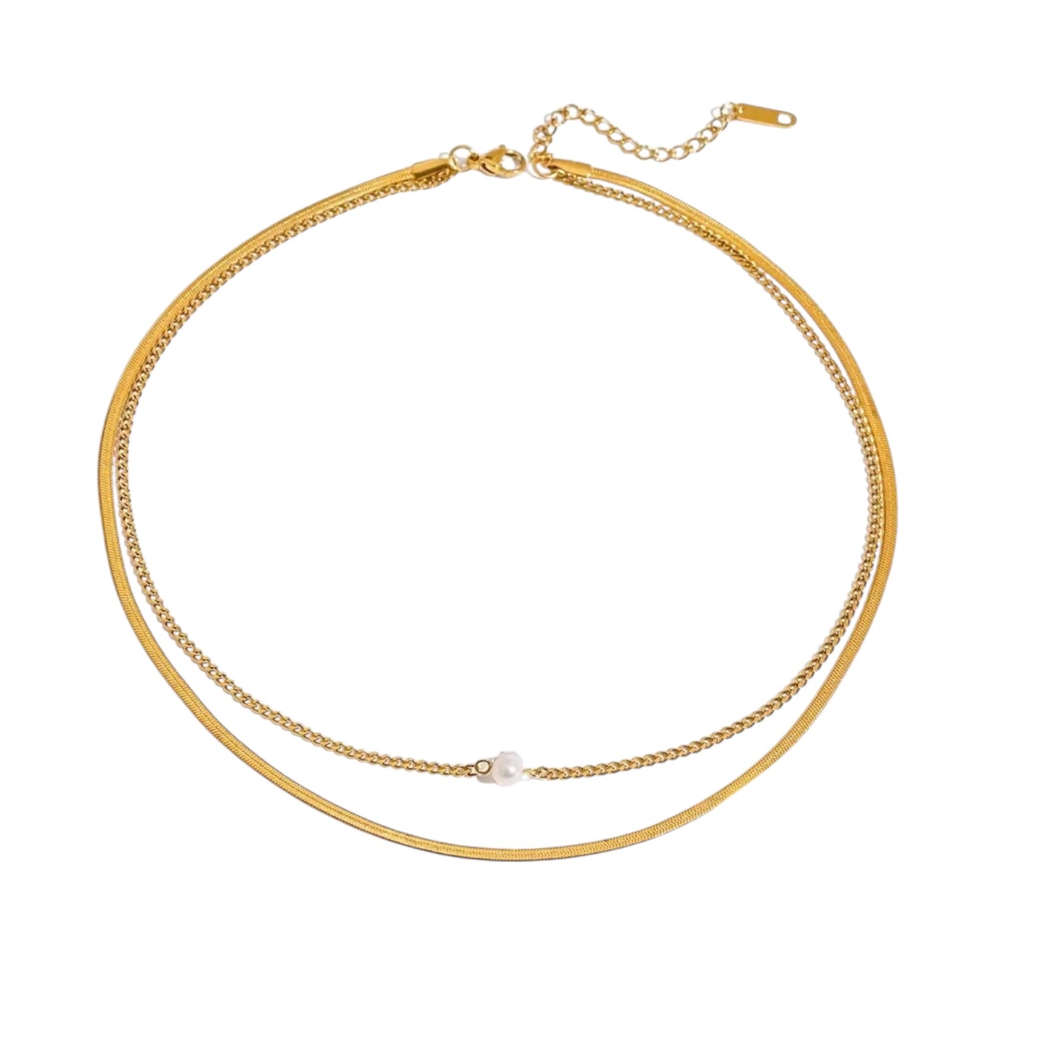 Gold necklace with a pearl pendant on a white background