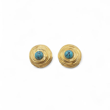 Gold plated circular stud earrings with spiral texture and turquoise centre stone — Bye Bye Baby