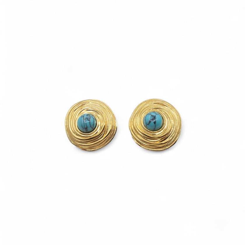 Gold plated circular stud earrings with spiral texture and turquoise centre stone — Bye Bye Baby
